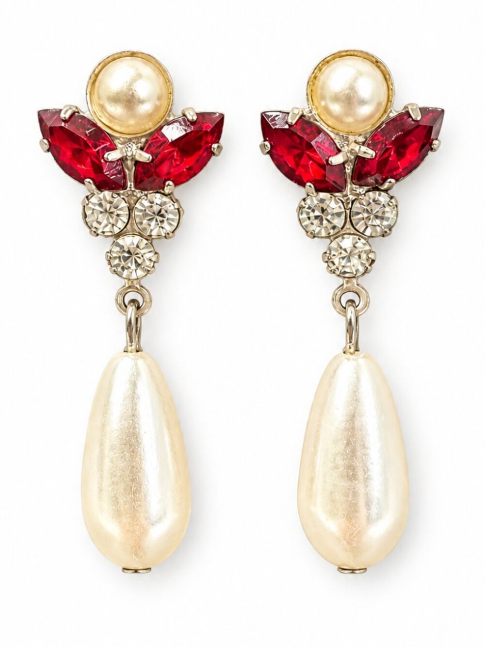 Vintage Red Rhinestone Faux Pearl Teardrop Post Earrings